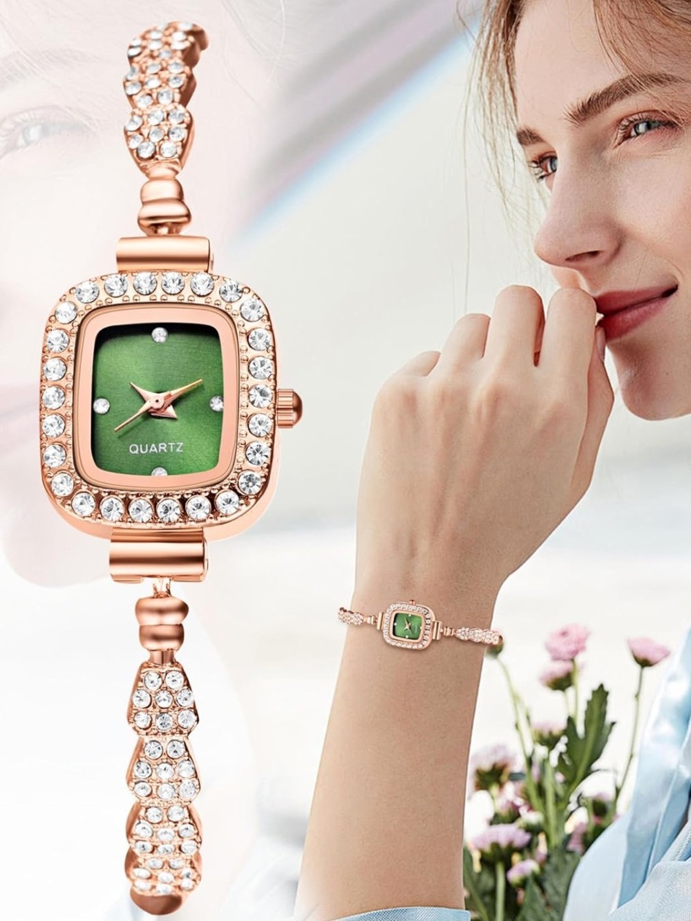 Anthropologie Rose Gold Bracelet Watch with Green Dial and Crystal Accents